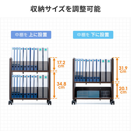 ファイルワゴン（2段・PCワゴン・PCラック・斜め・キャスター・A4・デスク下・木製・おしゃれ・おすすめ・オフィス・ラック・ダークブラウン） EZ1-WG007