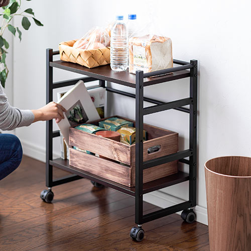 ファイルワゴン(2段・PCラック・PCワゴン・斜め・キャスター・A4・デスク下・木製・おしゃれ・おすすめ・オフィス・ラック・ダークブラウン） EZ1-WG008M