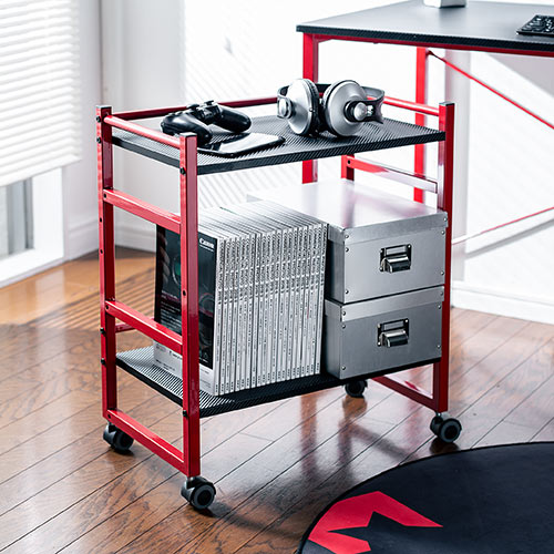 ファイルワゴン(2段・PCラック・PCワゴン・斜め・キャスター・A4・デスク下・木製・おしゃれ・おすすめ・オフィス・ラック・ブラック・レッド） EZ1-WG008R