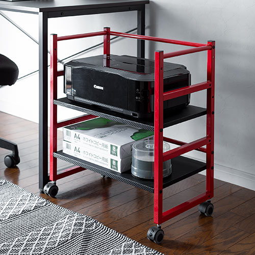 ファイルワゴン(2段・PCラック・PCワゴン・斜め・キャスター・A4・デスク下・木製・おしゃれ・おすすめ・オフィス・ラック・ブラック・レッド） EZ1-WG008R