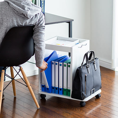 ファイルワゴン（デスクキャビネット・A4収納・カバン置き・小物収納・キャスター付・ホワイト）