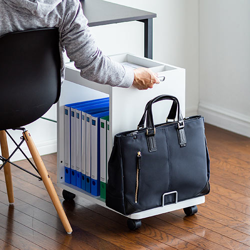 ファイルワゴン（デスクキャビネット・A4収納・カバン置き・小物収納・キャスター付・ホワイト）