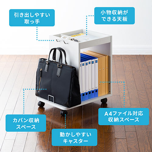 ファイルワゴン（デスクキャビネット・A4収納・カバン置き・小物収納・キャスター付・ホワイト）