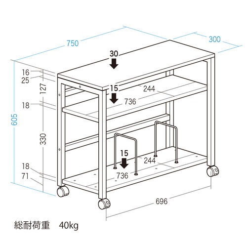 デスクワゴン（サイドテーブル・PCワゴン・PCラック・幅75cm・デスク下収納・ファイルワゴン・ブックエンド・木製・ホワイト）