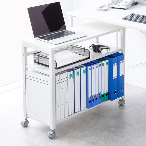 デスクワゴン（サイドテーブル・PCワゴン・PCラック・幅75cm・デスク下収納・ファイルワゴン・ブックエンド・木製・ホワイト）