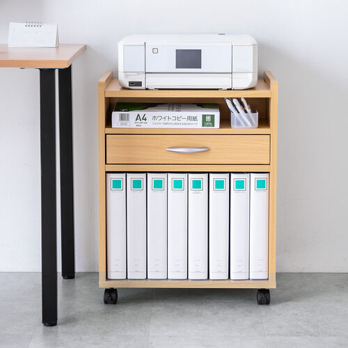 ファイルワゴン（引き出し・デスクワゴン・木製・キャスター付き・サイドデスク・プリンタ台・プリンタワゴン・A4ファイル・幅50×奥行き35×高さ64cm）