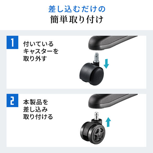 ゲーミングチェア 交換用キャスター（大型・硬質ウレタン・双輪キャスター・5個入り・ブラック）