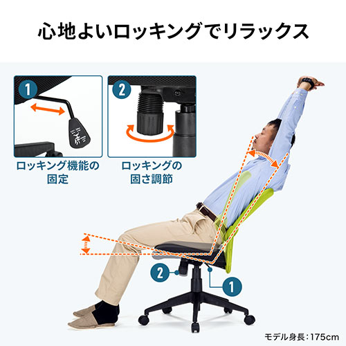 メッシュチェア(ネット・ミドル・ロッキング・肘なし・オフィス・ブラック)