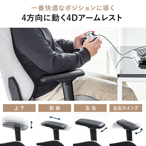 ゲーミングチェア（ファブリック・高耐荷重・150kg・4Dアームレスト・フロントロッキング 180°・リクライニング・ウレタンキャスター） SNC130GY　サンワサプライ