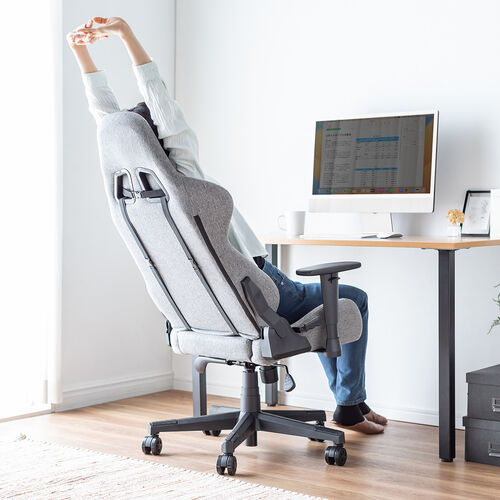 ファブリックチェア（ゲーミングチェア・リクライニング・前傾機能付き・ハイバック・モールドウレタン・アームレスト・ヘッドレスト・ランバーサポート・グレー）