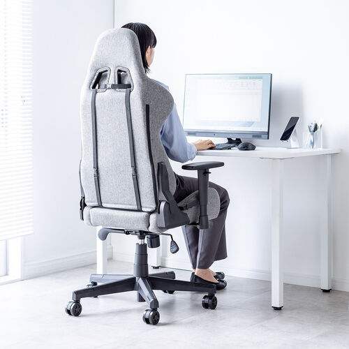 ファブリックチェア（ゲーミングチェア・リクライニング・前傾機能付き・ハイバック・モールドウレタン・アームレスト・ヘッドレスト・ランバーサポート・グレー）