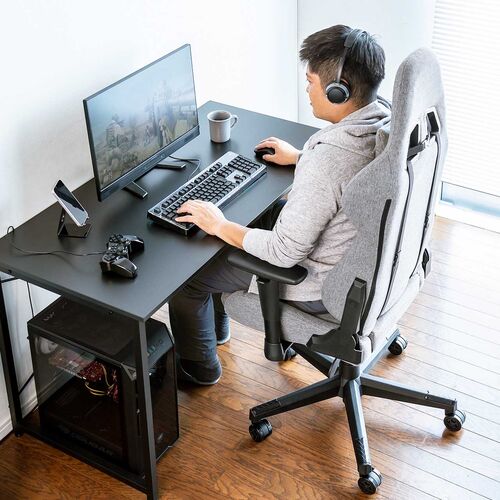 ファブリックチェア（ゲーミングチェア・リクライニング・前傾機能付き・ハイバック・モールドウレタン・アームレスト・ヘッドレスト・ランバーサポート・グレー）