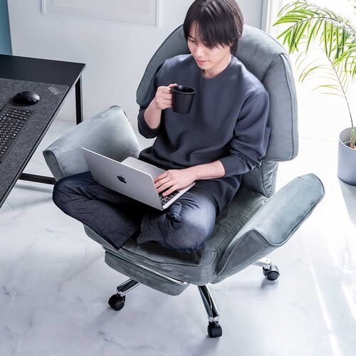 ソファチェア（スライド式オットマン・最大傾斜角度135°・シンクロロッキング・ロッキング3段階固定・フルフラットアームレスト・ソファオフィスチェア・在宅・テレワーク・グレー）