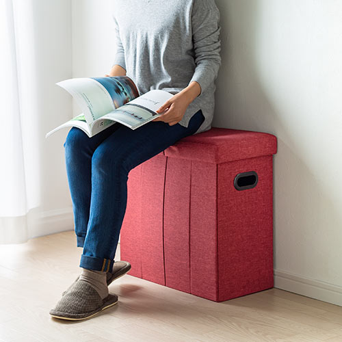 収納スツール（チェア・椅子・収納ボックス・折りたたみ・座面取り外し可能・オットマン・取っ手付き・耐荷重60kg・レッド）