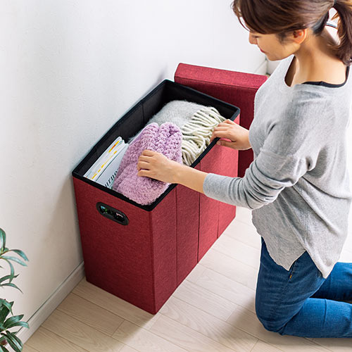 収納スツール（チェア・椅子・収納ボックス・折りたたみ・座面取り外し可能・オットマン・取っ手付き・耐荷重60kg・レッド）