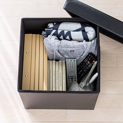 収納スツール（チェア・椅子・収納ボックス・ボックススツール・折りたたみ・オットマン・ソフトレザー・W380×D380×H380・耐荷重100kg・ブラック）