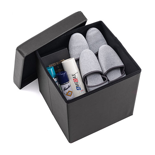 収納スツール（チェア・椅子・収納ボックス・ボックススツール・折りたたみ・オットマン・ソフトレザー・W380×D380×H380・耐荷重100kg・ブラック）