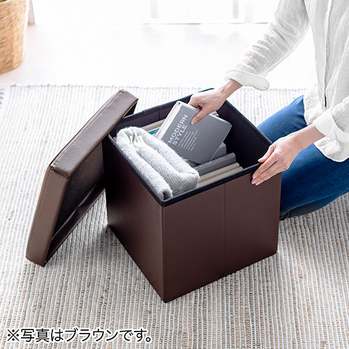 収納スツール（チェア・椅子・収納ボックス・ボックススツール・折りたたみ・オットマン・ソフトレザー・W380×D380×H380・耐荷重100kg・ブラック）