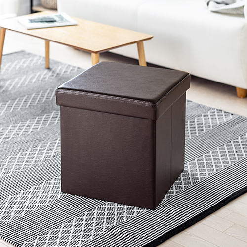 収納スツール（チェア・椅子・収納ボックス・ボックススツール・折りたたみ・オットマン・ソフトレザー・W380×D380×H380・耐荷重100kg・ブラウン）