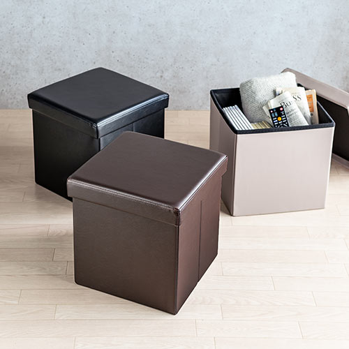 収納スツール（チェア・椅子・収納ボックス・ボックススツール・折りたたみ・オットマン・ソフトレザー・W380×D380×H380・耐荷重100kg・ブラウン）