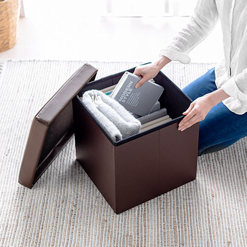 収納スツール（チェア・椅子・収納ボックス・ボックススツール・折りたたみ・オットマン・ソフトレザー・W380×D380×H380・耐荷重100kg・ブラウン）