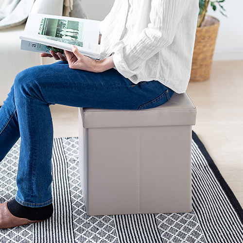 【アウトレット･訳あり・セール】収納スツール（収納ボックス・ボックススツール・折りたたみ・オットマン・ソフトレザー・W380×D380×H380・耐荷重100kg・グレージュ）