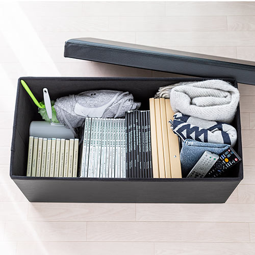 収納スツール（チェア・椅子・収納ボックス・ボックススツール・折りたたみ・オットマン・ソフトレザー・W760×D380×H380・耐荷重200kg・ブラック）