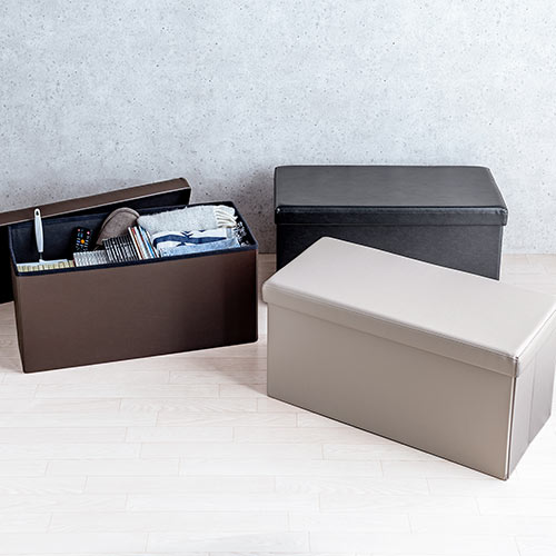 収納スツール（チェア・椅子・収納ボックス・ボックススツール・折りたたみ・オットマン・ソフトレザー・W760×D380×H380・耐荷重200kg・ブラック）