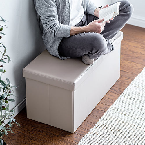 収納スツール（チェア・椅子・収納ボックス・ボックススツール・折りたたみ・オットマン・ソフトレザー・W760×D380×H380・耐荷重200kg・グレージュ）