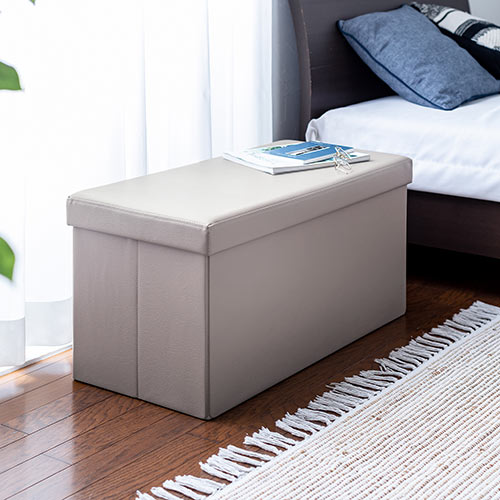 収納スツール（チェア・椅子・収納ボックス・ボックススツール・折りたたみ・オットマン・ソフトレザー・W760×D380×H380・耐荷重200kg・グレージュ）