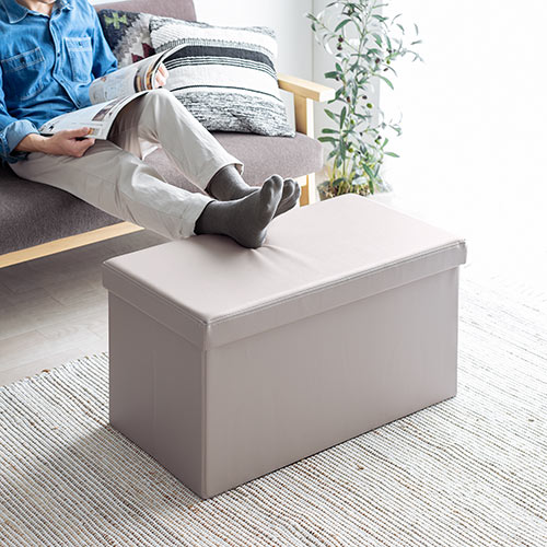 収納スツール（チェア・椅子・収納ボックス・ボックススツール・折りたたみ・オットマン・ソフトレザー・W760×D380×H380・耐荷重200kg・グレージュ）