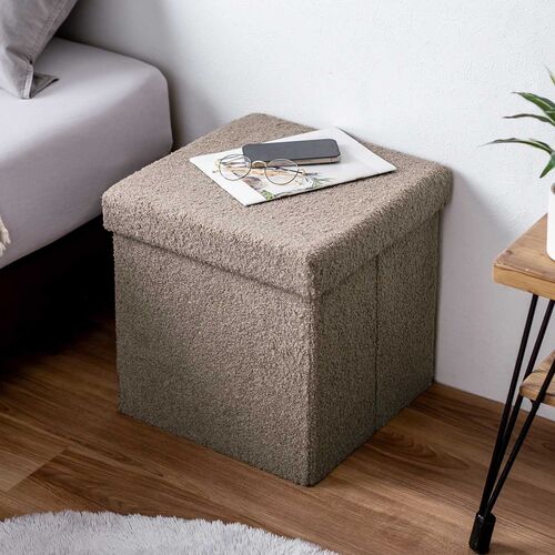 収納スツール（椅子・収納ボックス・折りたたみ・座面取り外し可能・オットマン・耐荷重100kg・ボア生地・ブラウン）