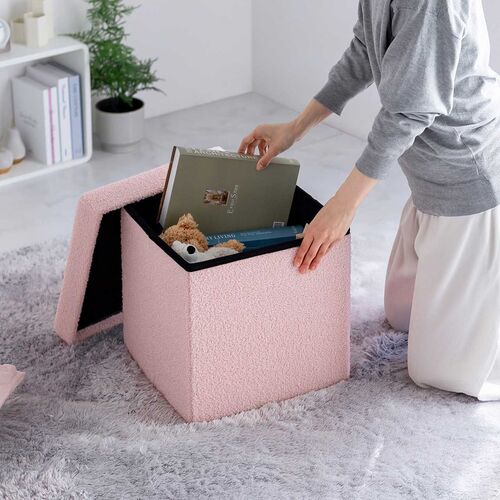 収納スツール（椅子・収納ボックス・折りたたみ・座面取り外し可能・オットマン・耐荷重100kg・ボア生地・ピンク）