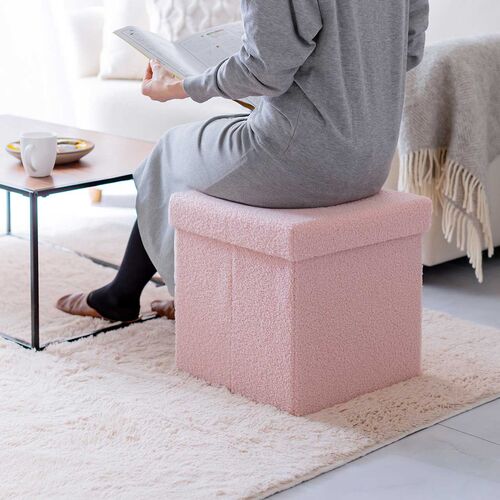 収納スツール（椅子・収納ボックス・折りたたみ・座面取り外し可能・オットマン・耐荷重100kg・ボア生地・ピンク）
