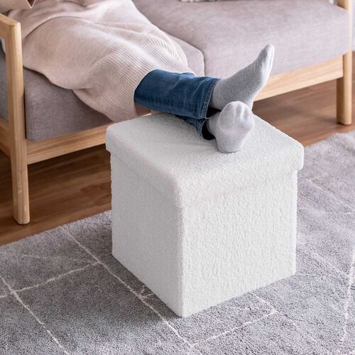 収納スツール（椅子・収納ボックス・折りたたみ・座面取り外し可能・オットマン・耐荷重100kg・ボア生地・ホワイト）