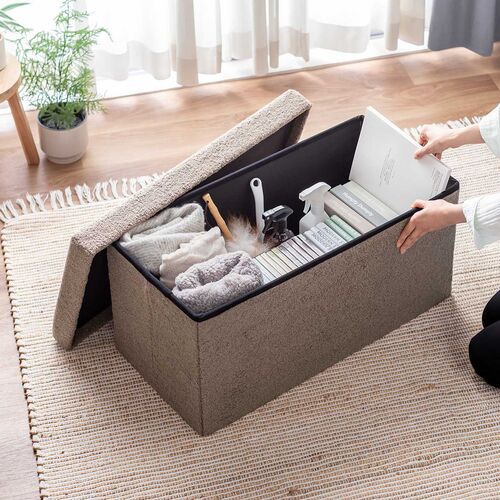 収納スツール（椅子・収納ボックス・折りたたみ・座面取り外し可能・オットマン・耐荷重200kg・ボア生地・ブラウン）