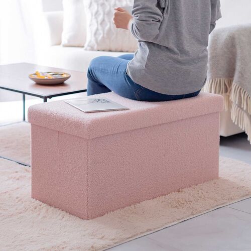 収納スツール（椅子・収納ボックス・折りたたみ・座面取り外し可能・オットマン・耐荷重200kg・ボア生地・ピンク）