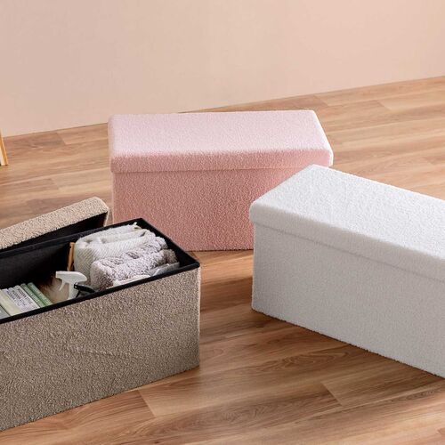 収納スツール（椅子・収納ボックス・折りたたみ・座面取り外し可能・オットマン・耐荷重200kg・ボア生地・ピンク）