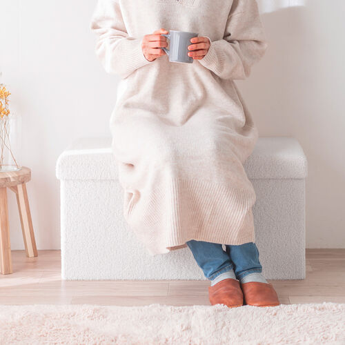 収納スツール（椅子・収納ボックス・折りたたみ・座面取り外し可能・オットマン・耐荷重200kg・ボア生地・ホワイト）