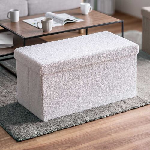 収納スツール（椅子・収納ボックス・折りたたみ・座面取り外し可能・オットマン・耐荷重200kg・ボア生地・ホワイト）