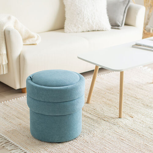 収納スツール（オットマン・収納付き・2段収納・丸型・コンパクト玄関椅子・子供部屋椅子・インテリア・チェア・収納ボックススツール・ラウンド型スツール・フタ付き・ブルー）