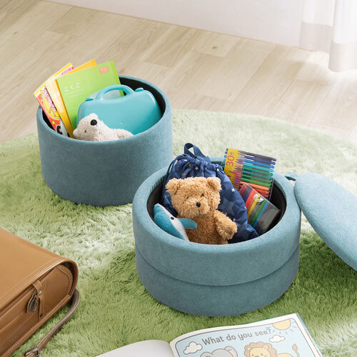 収納スツール（オットマン・収納付き・2段収納・丸型・コンパクト玄関椅子・子供部屋椅子・インテリア・チェア・収納ボックススツール・ラウンド型スツール・フタ付き・ブルー）