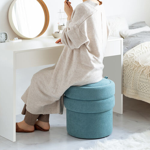 収納スツール（オットマン・収納付き・2段収納・丸型・コンパクト玄関椅子・子供部屋椅子・インテリア・チェア・収納ボックススツール・ラウンド型スツール・フタ付き・ブルー）