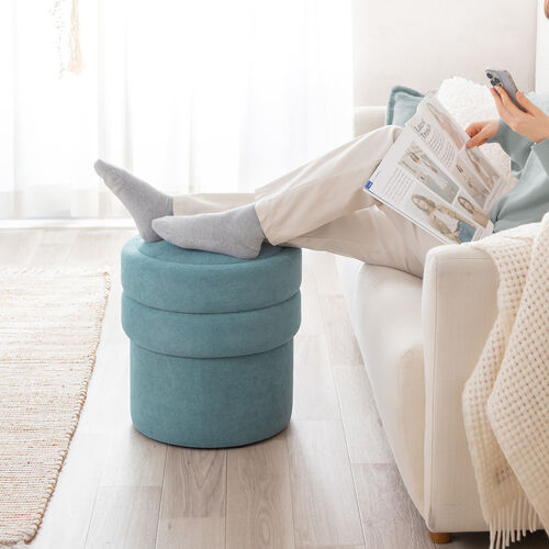 収納スツール（オットマン・収納付き・2段収納・丸型・コンパクト玄関椅子・子供部屋椅子・インテリア・チェア・収納ボックススツール・ラウンド型スツール・フタ付き・ブルー）