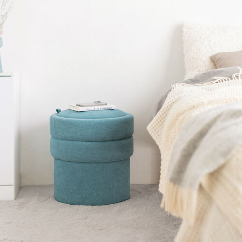 収納スツール（オットマン・収納付き・2段収納・丸型・コンパクト玄関椅子・子供部屋椅子・インテリア・チェア・収納ボックススツール・ラウンド型スツール・フタ付き・ブルー）