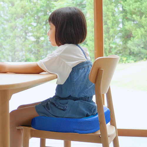 ウレタンクッション（低反発・エルゴ形状・メッシュ生地・裏面滑り止め・洗濯可能・テレワーク・在宅勤務・クッション・座布団・青）