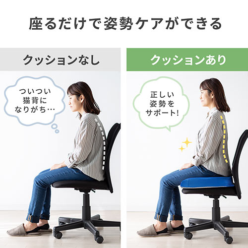 ウレタンクッション（低反発・エルゴ形状・メッシュ生地・裏面滑り止め・洗濯可能・テレワーク・在宅勤務・クッション・座布団・青）