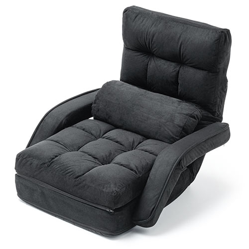 【アウトレット･訳あり・セール】座椅子（14段階リクライニング・ダブルクッション座面・マイクロファイバー・リクライニング連動肘掛け・日本製ギア・ブラック）