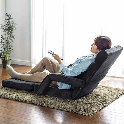 【アウトレット･訳あり・セール】座椅子（14段階リクライニング・ダブルクッション座面・マイクロファイバー・リクライニング連動肘掛け・日本製ギア・ブラック）