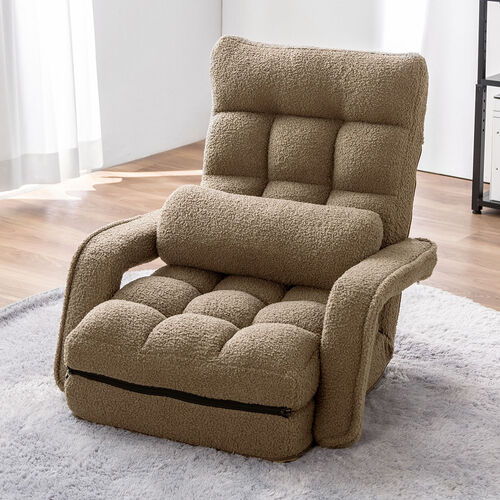 座椅子（肘付き・ソファベッド・14段階リクライニング・ダブルクッション座面・日本メーカー製ギア・ボア生地・ふわもこブラウン）